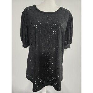 Kim & Cami Black Eyelet Blouse Short Sleeve Prairie Goth Core Shirt Size XL Puff